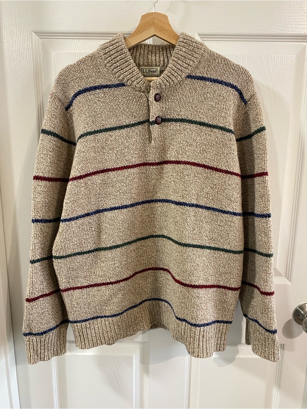 L.L. BEAN Unisex L Beige Lambs Wool Crewneck Henley Sweater w/Multicolor Stripes